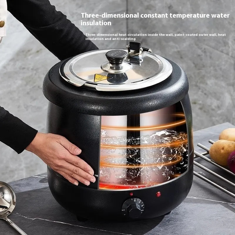 Black stainless steel insulated electric soup pot with large steel cover, 10-litre capacity