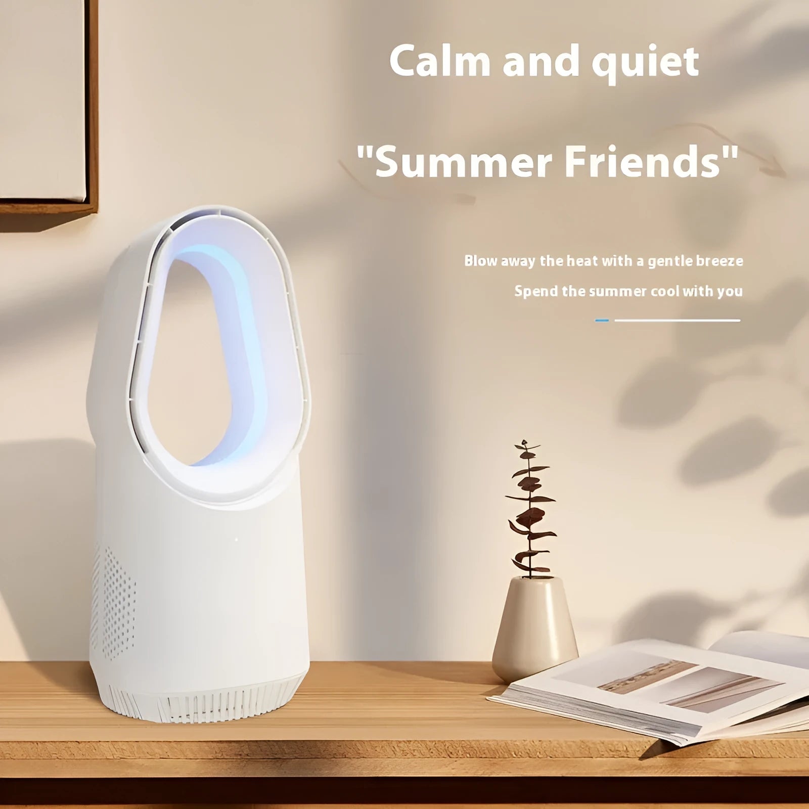 White bladeless tower fan with a remote control and touch screen panel on a desk.
