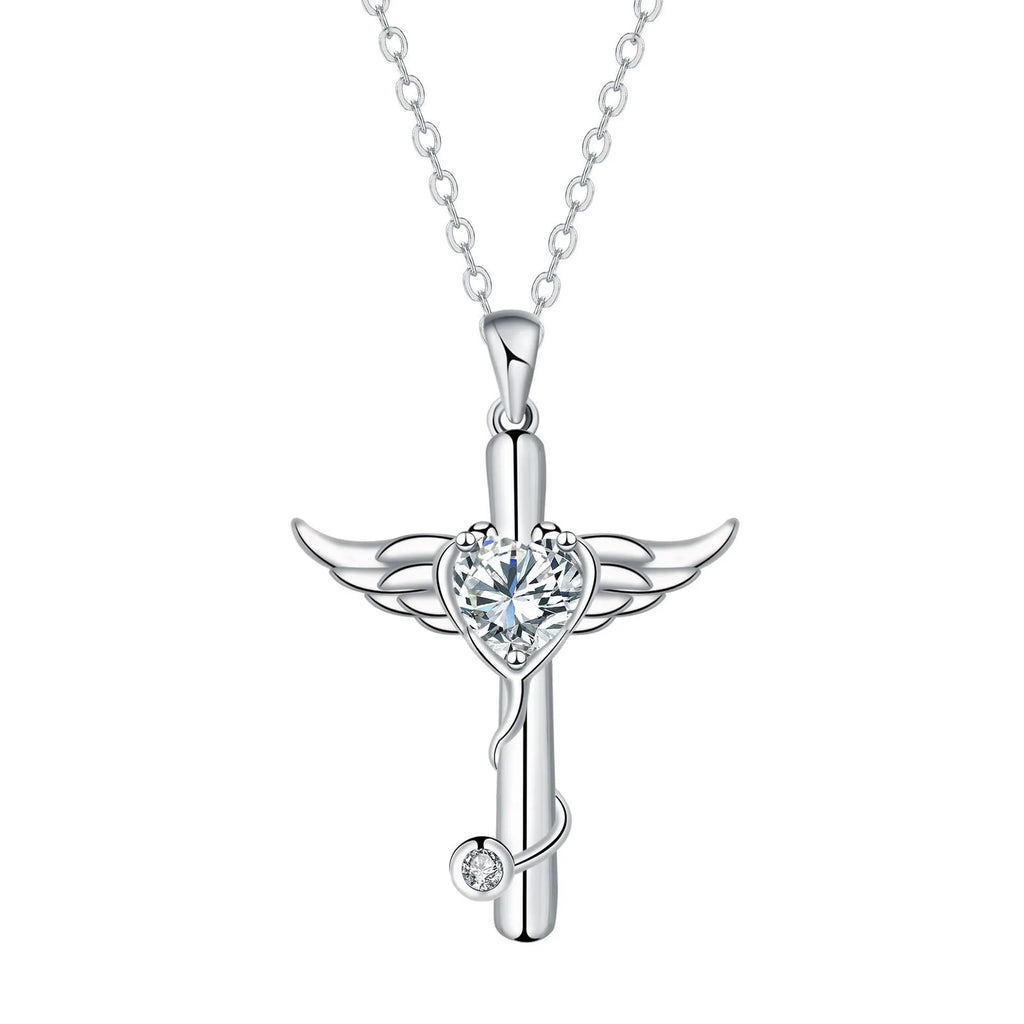 Women's casual wings cross stethoscope necklace in electroplated copper with red diamond or white diamond finish