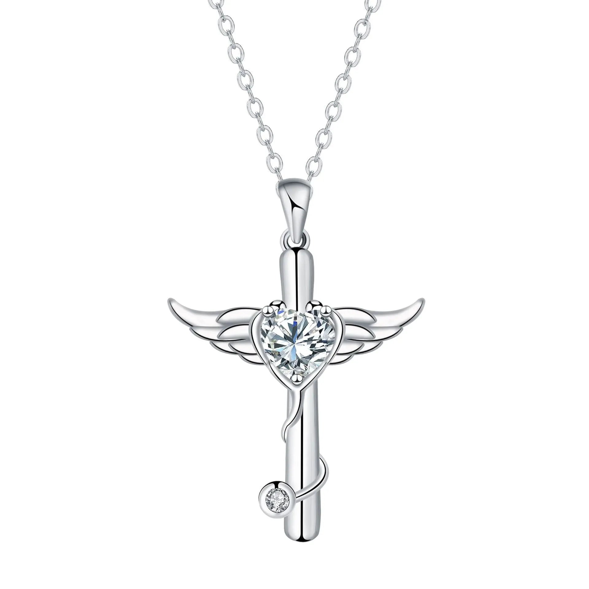 Women's casual wings cross stethoscope necklace in electroplated copper with red diamond or white diamond finish