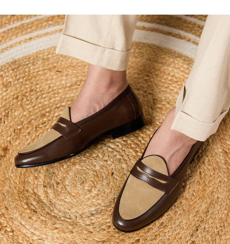 Coffee-grey suede leather men's loafers with a rubber sole and slip-on design
