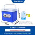 Blue portable insulated cooler box with aluminium foil exterior and multiple capacity size options.