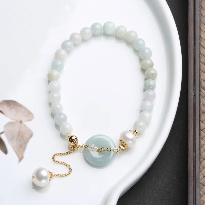 Natural jade emerald peace buckle pearl bracelet for women with round pendant