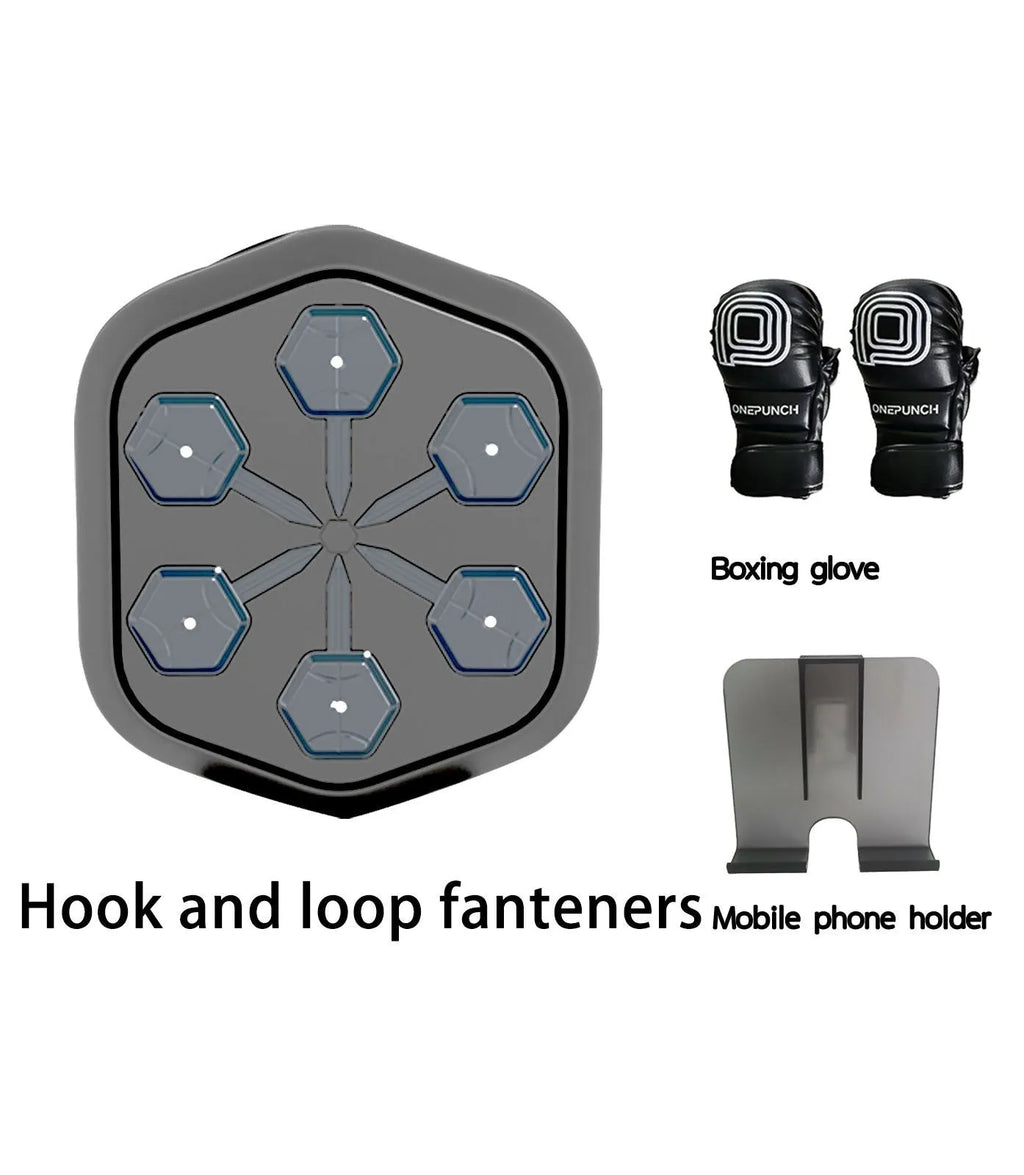 Black smart music boxing machine with Bluetooth, EVA construction, 200kg capacity.