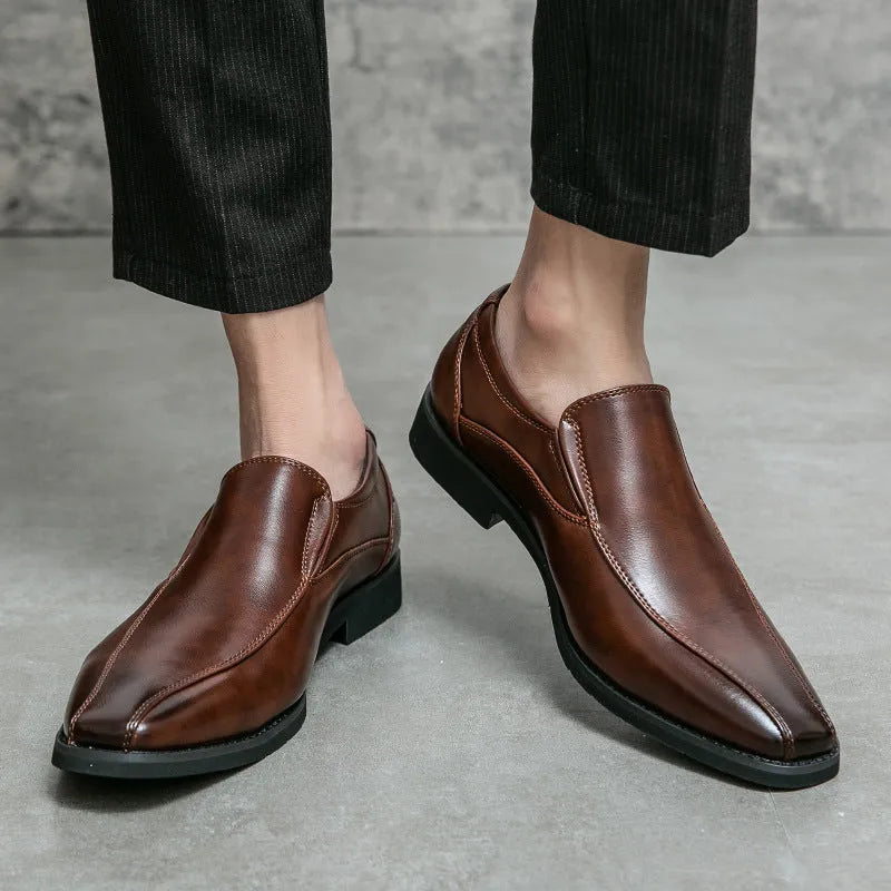 Men's black and brown pointed-toe patent leather casual shoes with a flat rubber sole.