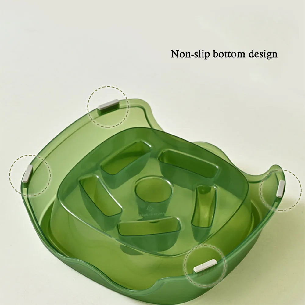 Plastic dog slow feeder bowl in blue, grey, green, or orange with anti-choking maze design