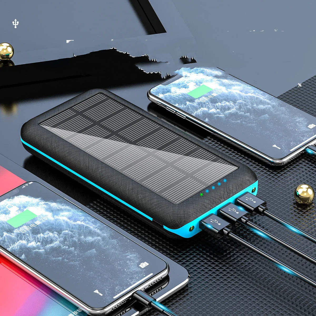 Portable power bank with wireless charging surface and USB ports in black colour