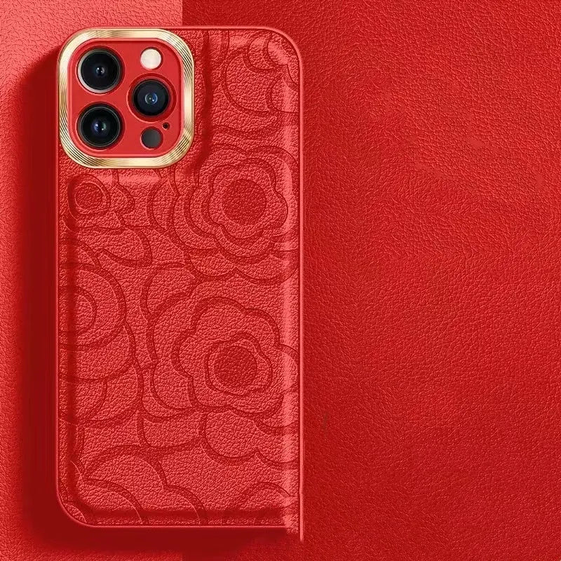Camellia leather pattern phone case for iPhone 11-15, showing decorative design and protective shell.