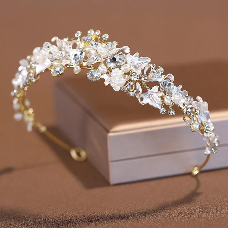 Pearl crown headdress hair accessory with electroplated gold or silver finish and alloy construction