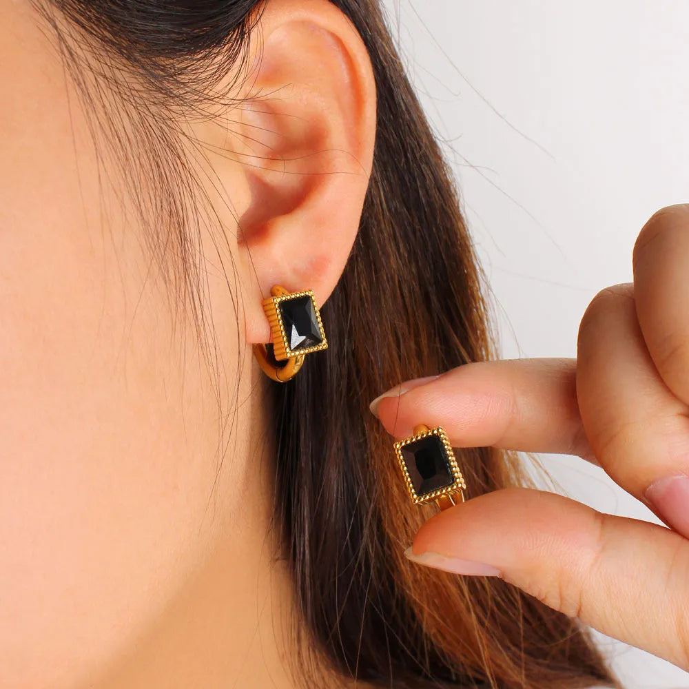 Geometric stainless steel earrings with square zircon stones in white, black, or green colour options