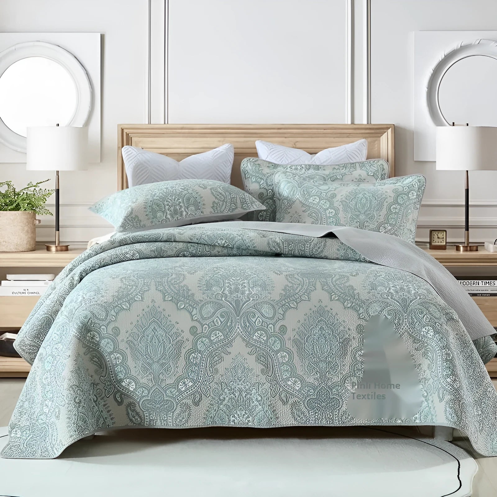 Pure cotton bedspread three-piece set with geometric printed pattern showing bed cover and pillowcases