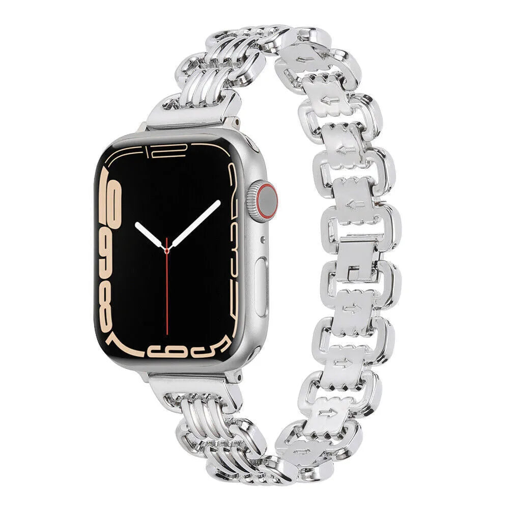 Alloy metal watch bracelet for Apple Watch in silver, black, gold, rose gold, and starlight colours on a white background