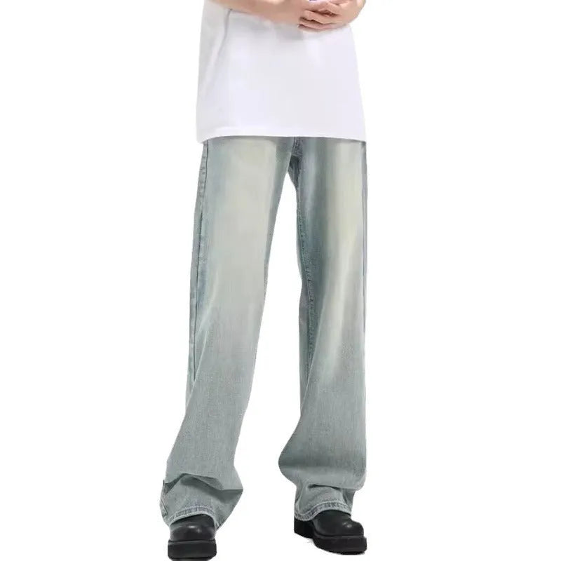 Blue retro trousers with rabbit fur fabric and loose fit design on hanger