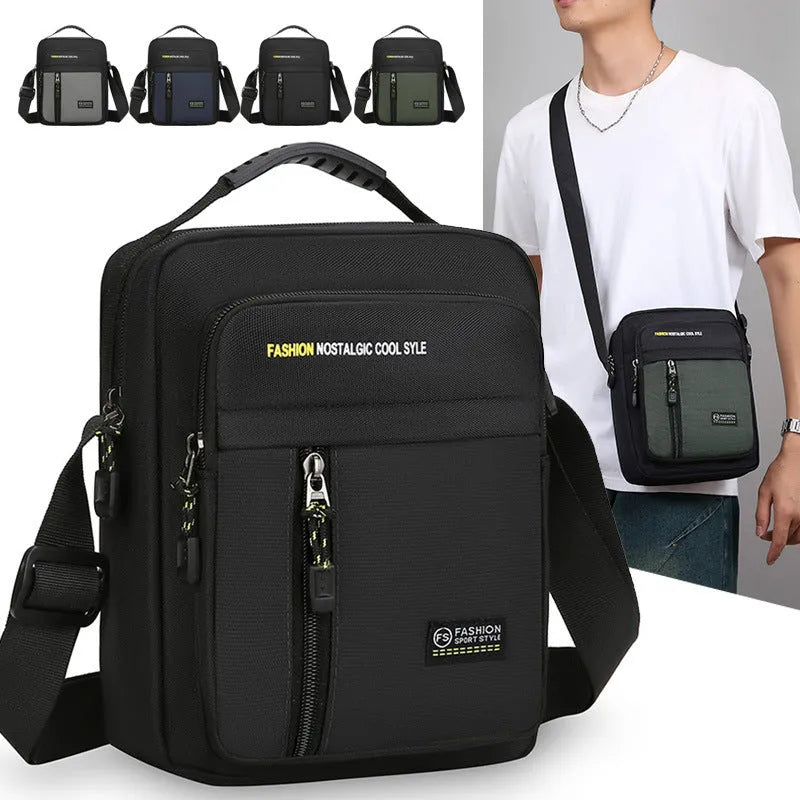 Men's casual outdoor nylon messenger bag with crossbody strap and sewing thread detailing