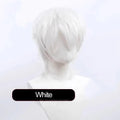 Short anime-style cosplay wig with a lengthened, straight hair tail on a wig stand.