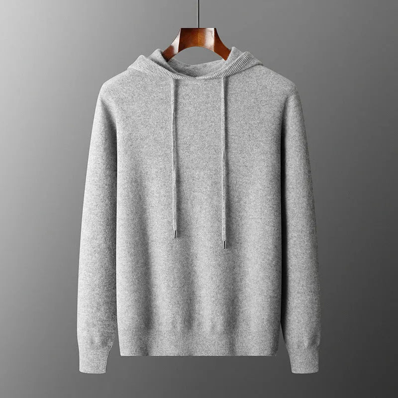 Men's grey hooded cashmere sweater and trousers set for winter casual wear