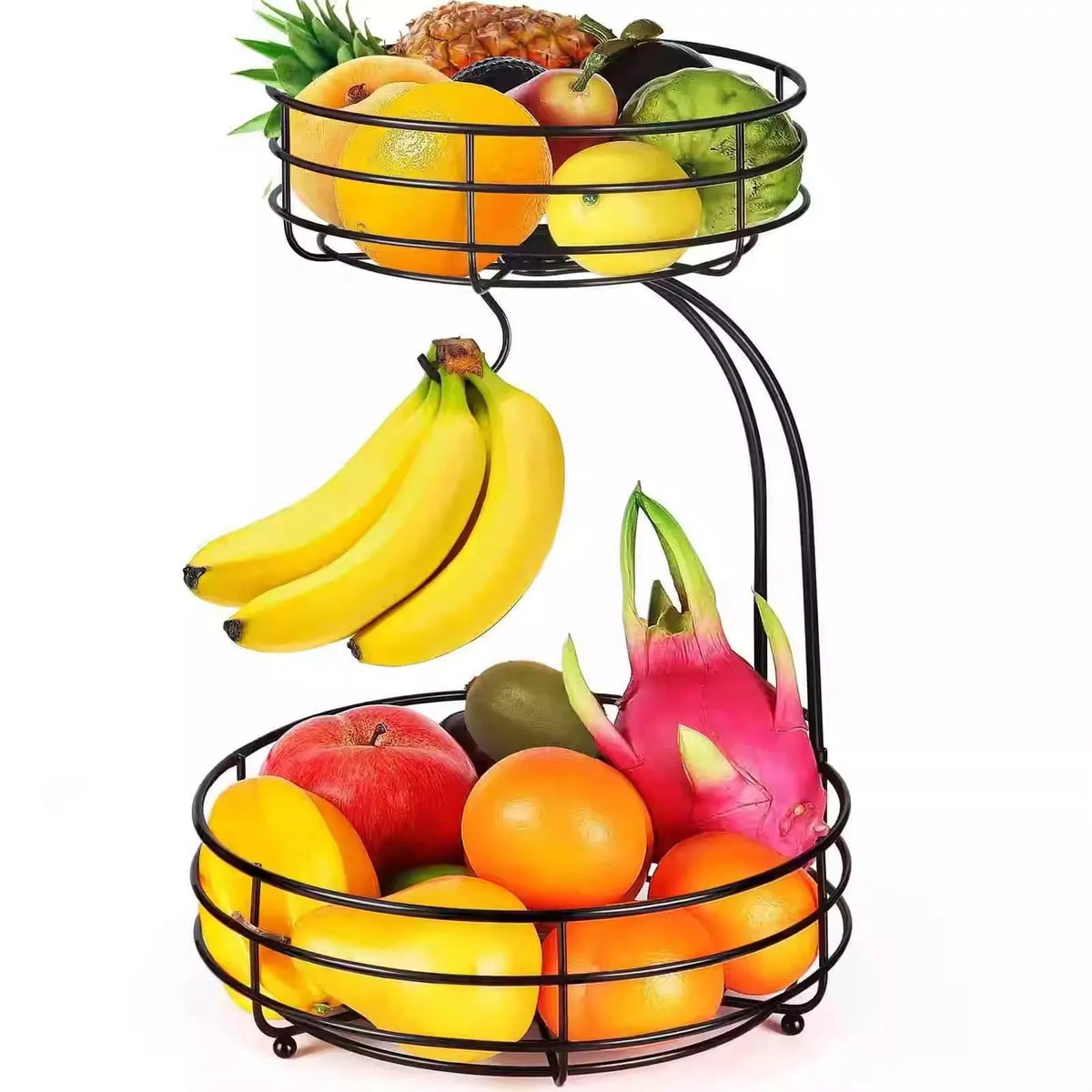 Black double-layer wrought iron fruit basket with two storage tiers for restaurant or home use