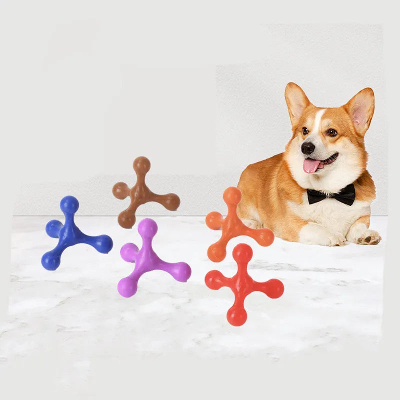 Three-legged blue silicone chew toy for puppies on a white background