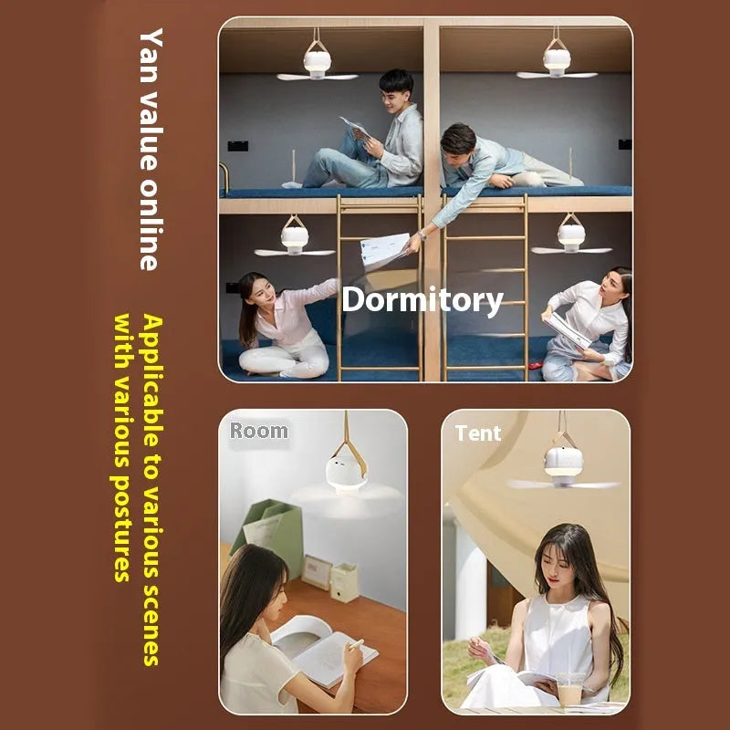 Rechargeable multifunctional ceiling fan with remote control for camping tents, includes night light and wire bracket.