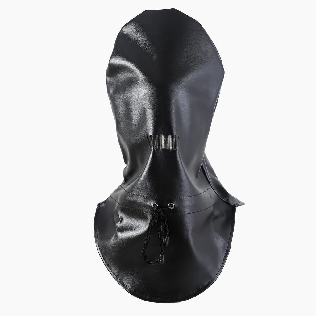 Black leather BDSM mask with breathable nose holes for adult roleplay.