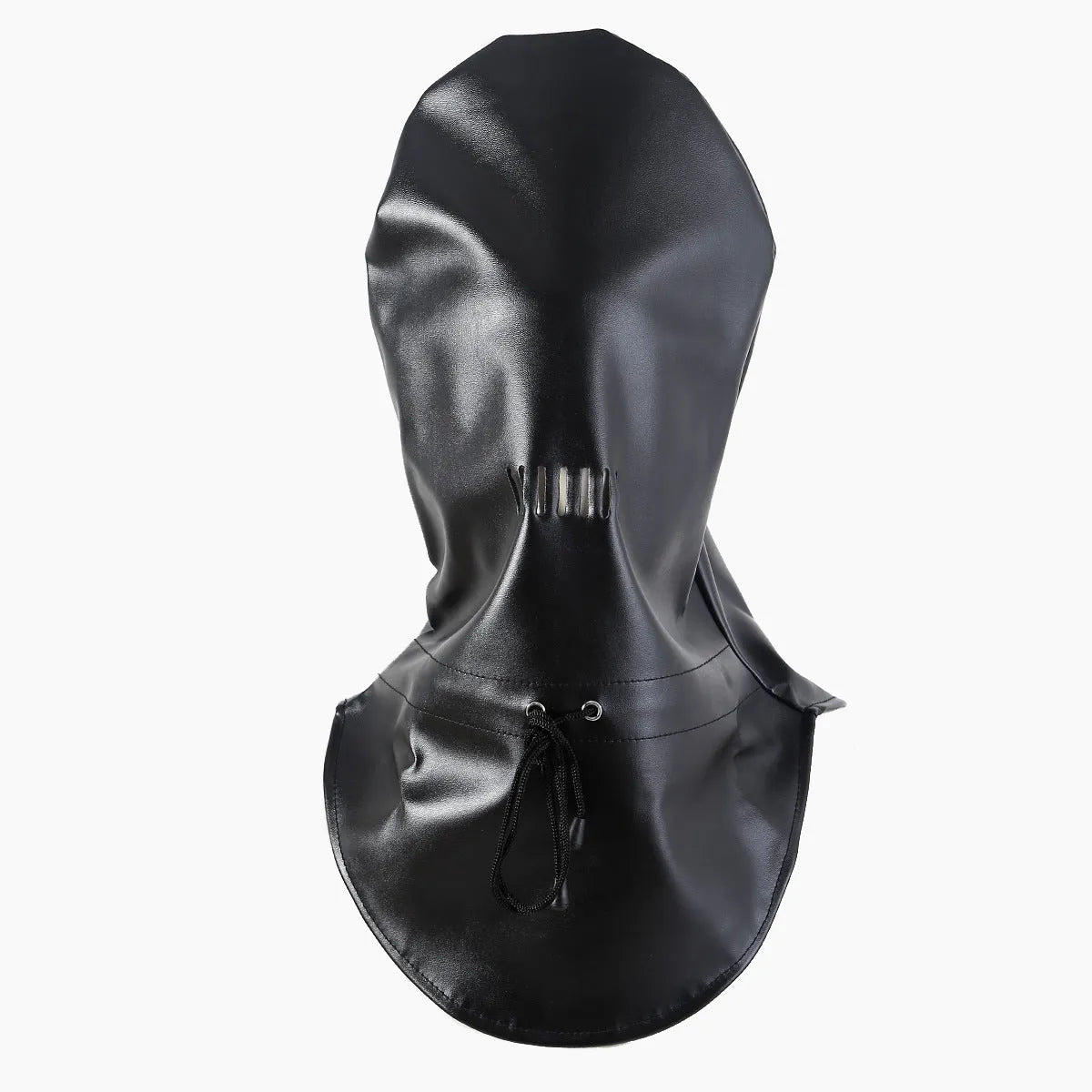 Black leather BDSM mask with breathable nose holes for adult roleplay.