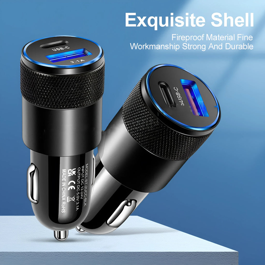 Compact black aluminium alloy mobile phone car charger for vehicle 12V socket.