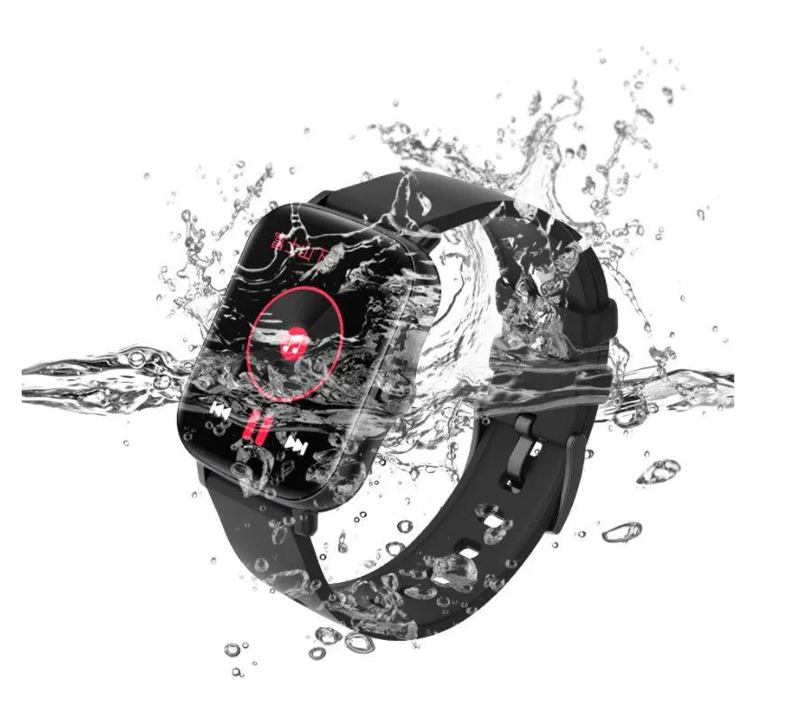 Blue smart watch with 1.7-inch touch screen showing fitness data on wrist