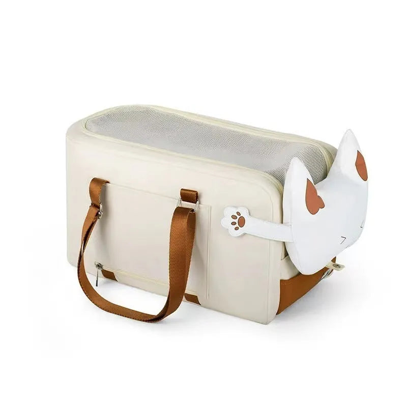 Beige hard-sided pet carrier measuring 43x25x22.5cm with EPE padding construction
