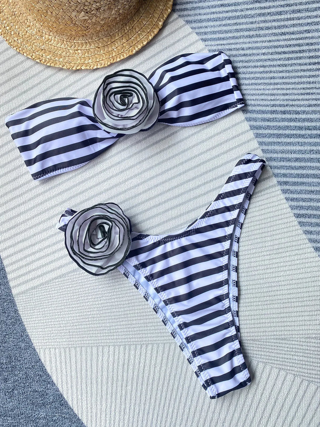 Split design swimsuit bikini with three-dimensional floral detail and tube top