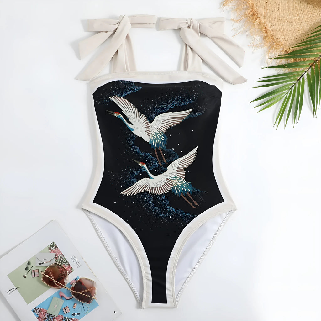Women's retro one-piece swimsuit with chiffon skirt in floral or marble pattern