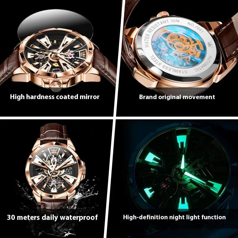 Men's automatic mechanical watch with hollow barrel dial on leather strap, stainless steel case.