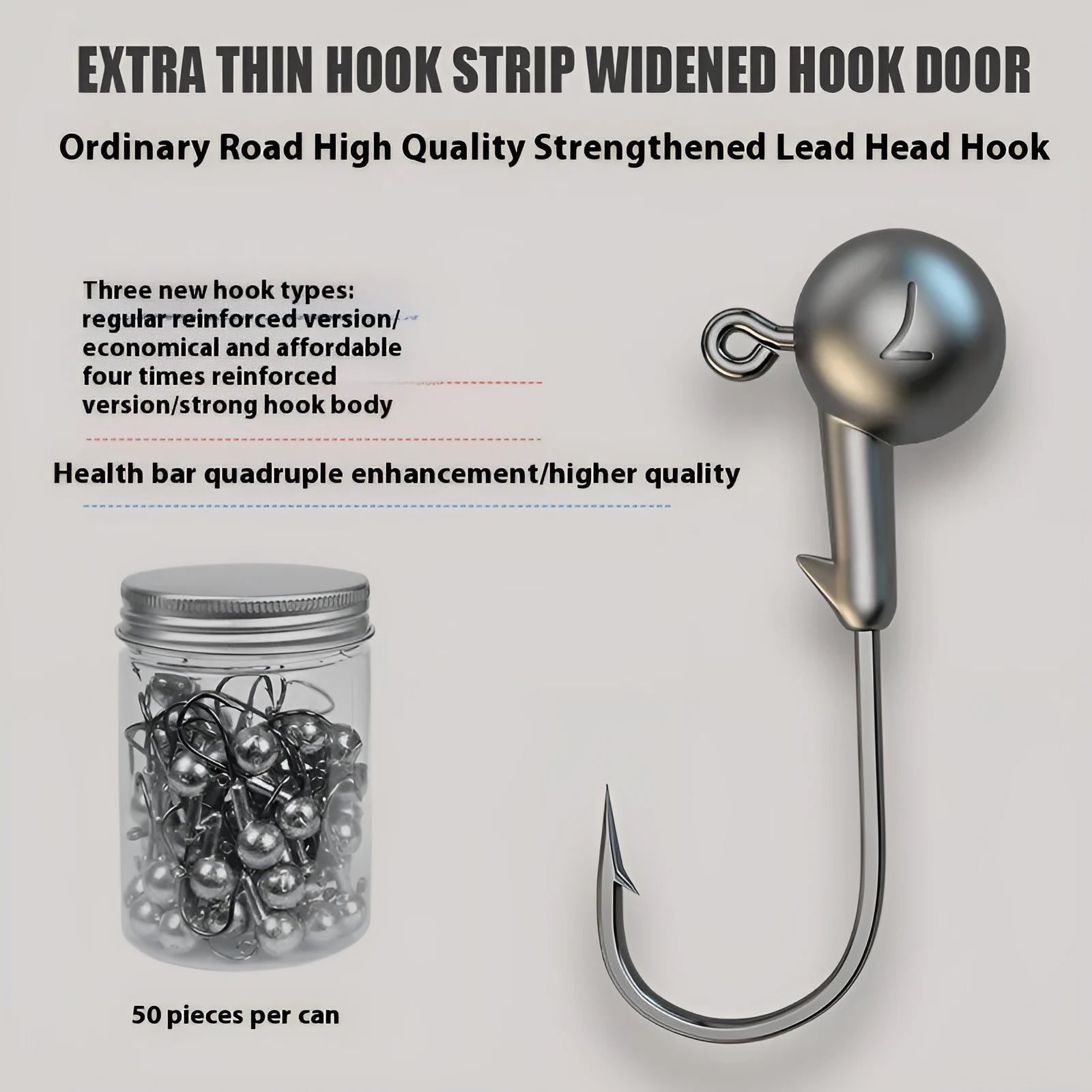 50-piece jig hook fishing set with lead heads in primary colour showing three steel construction variants