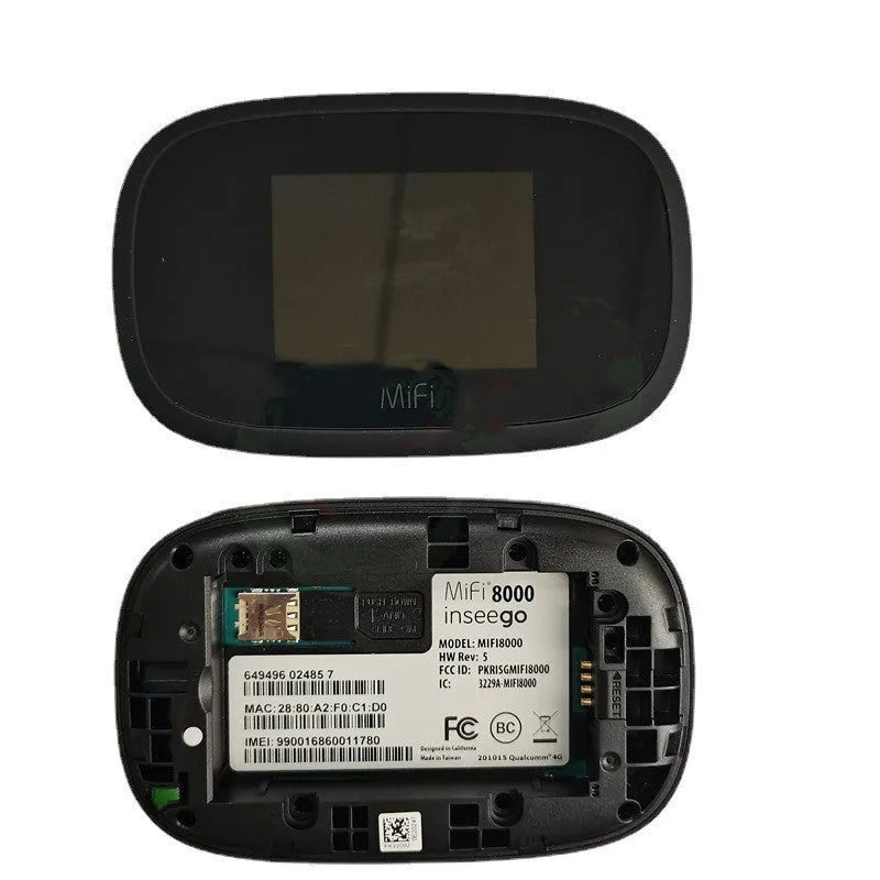 Black MIFI8000 portable 4G wireless router with dual-core processor and 150Mbps speed.