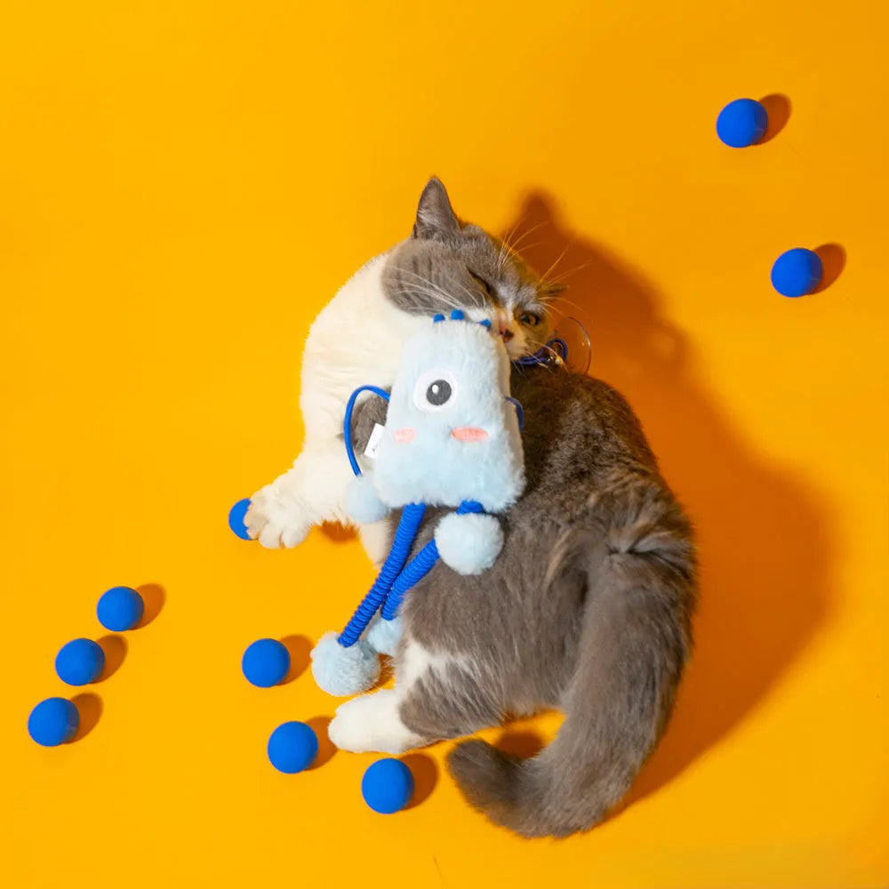 Blue telescopic cat wand toy with plush ring and bell on elastic cord