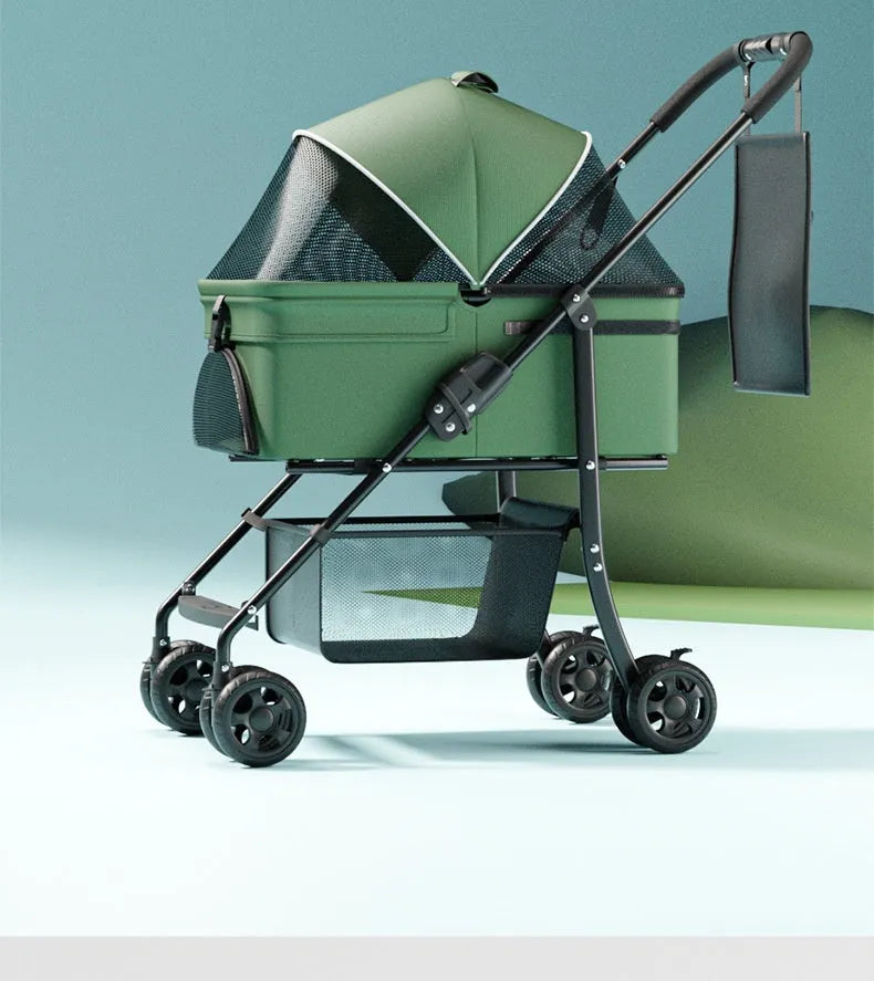 Black metal folding pet cart with detachable design and large capacity interior