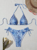 Women's denim blue printed strap bikini set with ruffle detail design