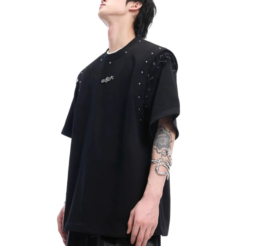 Women's black short sleeve T-shirt with a lace-up cutout detail on the front.