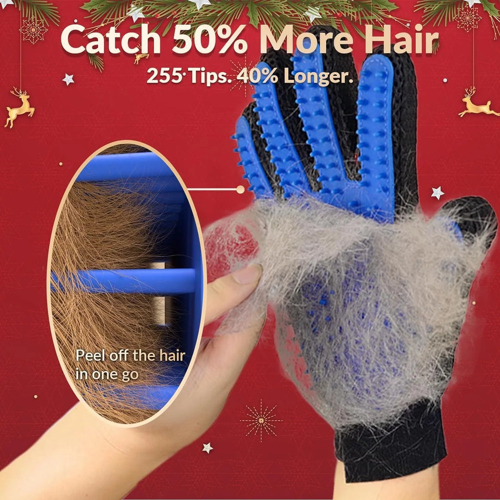 Blue pet grooming glove with silicone tips for dog and cat hair removal