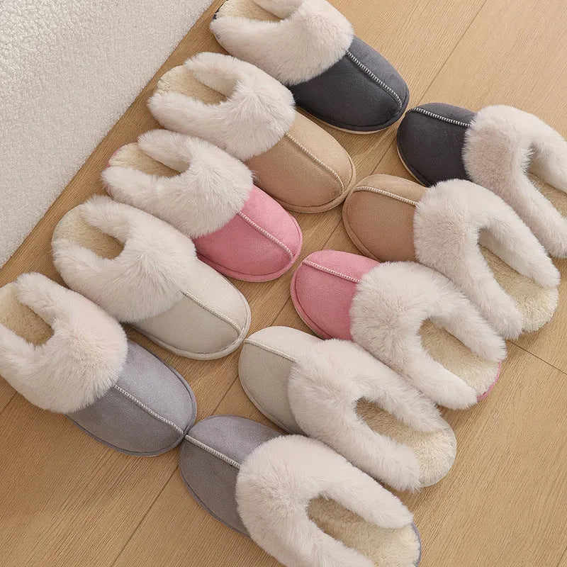 Women's winter plush indoor slippers in brown with anti-slip PVC sole and artificial wool insole