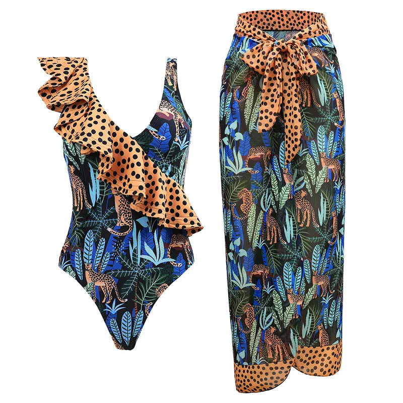 Women's solid colour one-piece swimsuit with spaghetti straps and detachable skirt