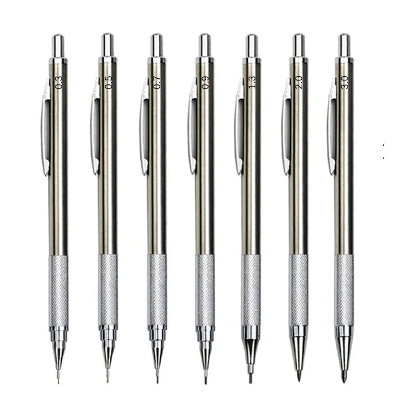 Metal automatic mechanical pencil with multi-diameter refill options for writing and drafting