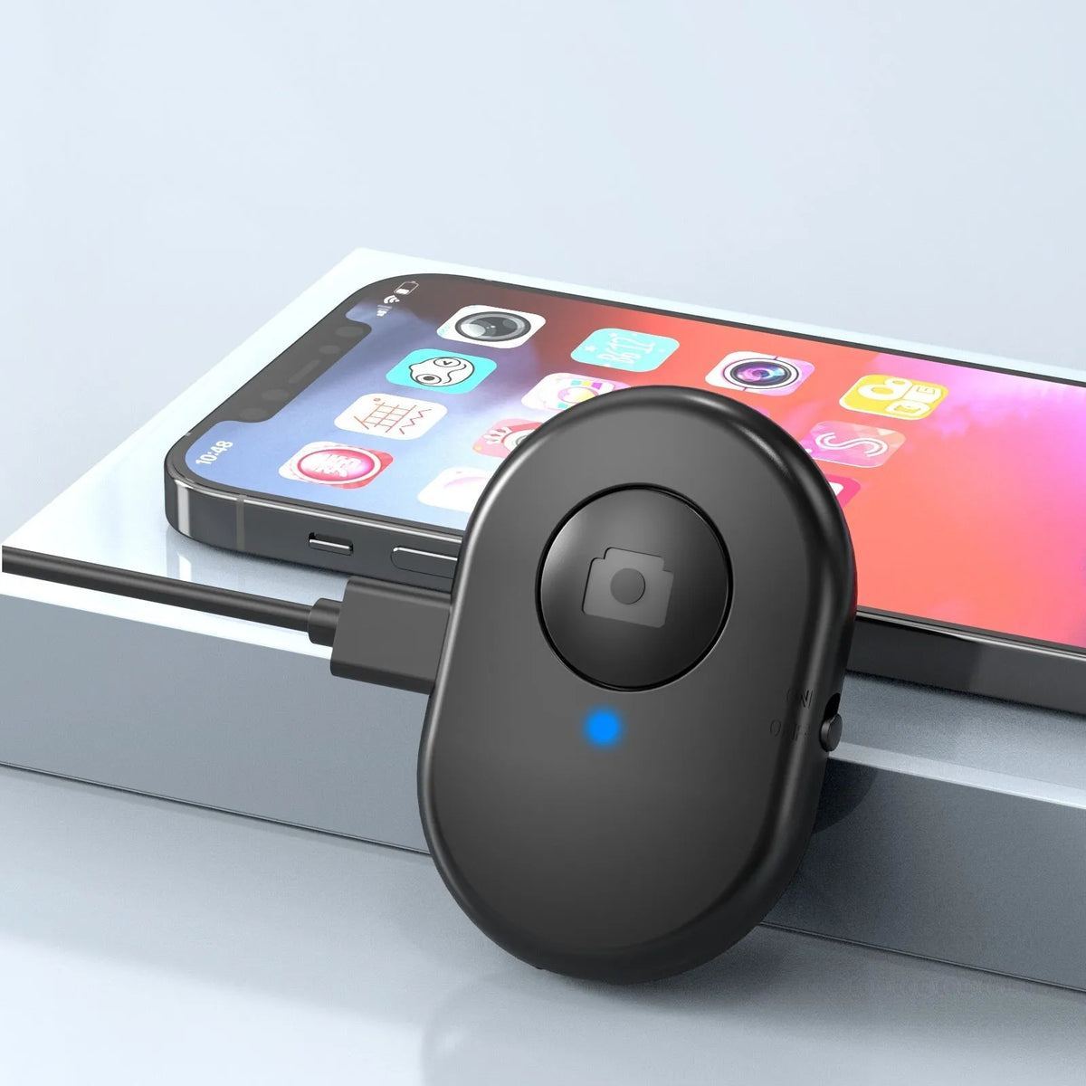 Black retractable mobile phone tripod with 1.1m, 1.6m, and 2.1m heights, metal ABS nylon build, 7kg load.