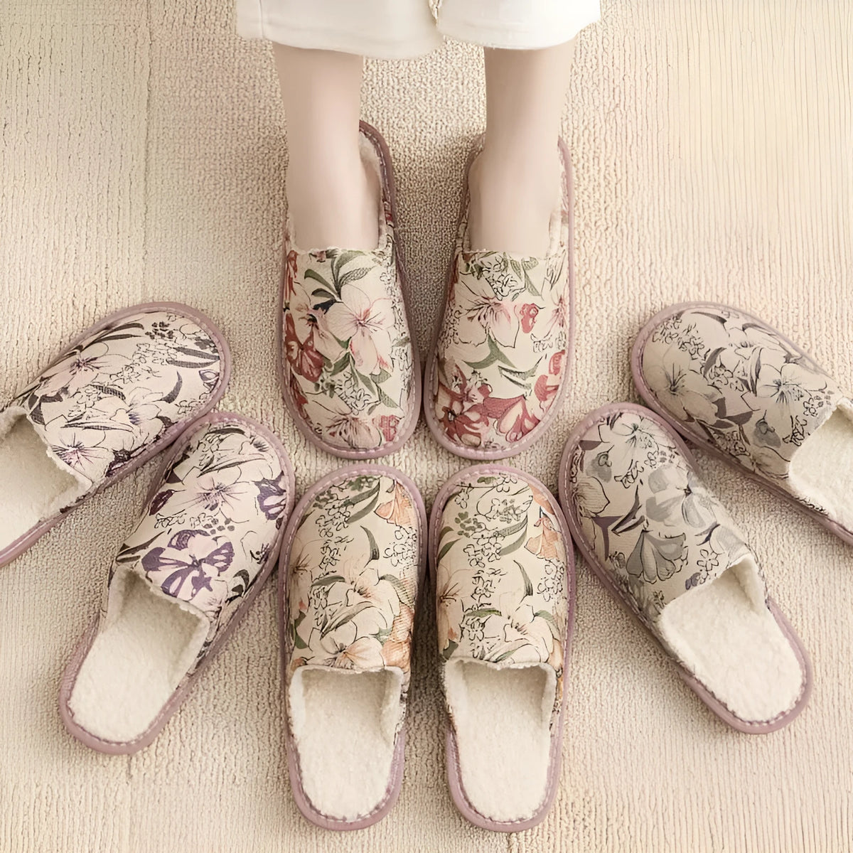 Linen and cotton household slippers with PVC sole in red flower pattern, size 27cm