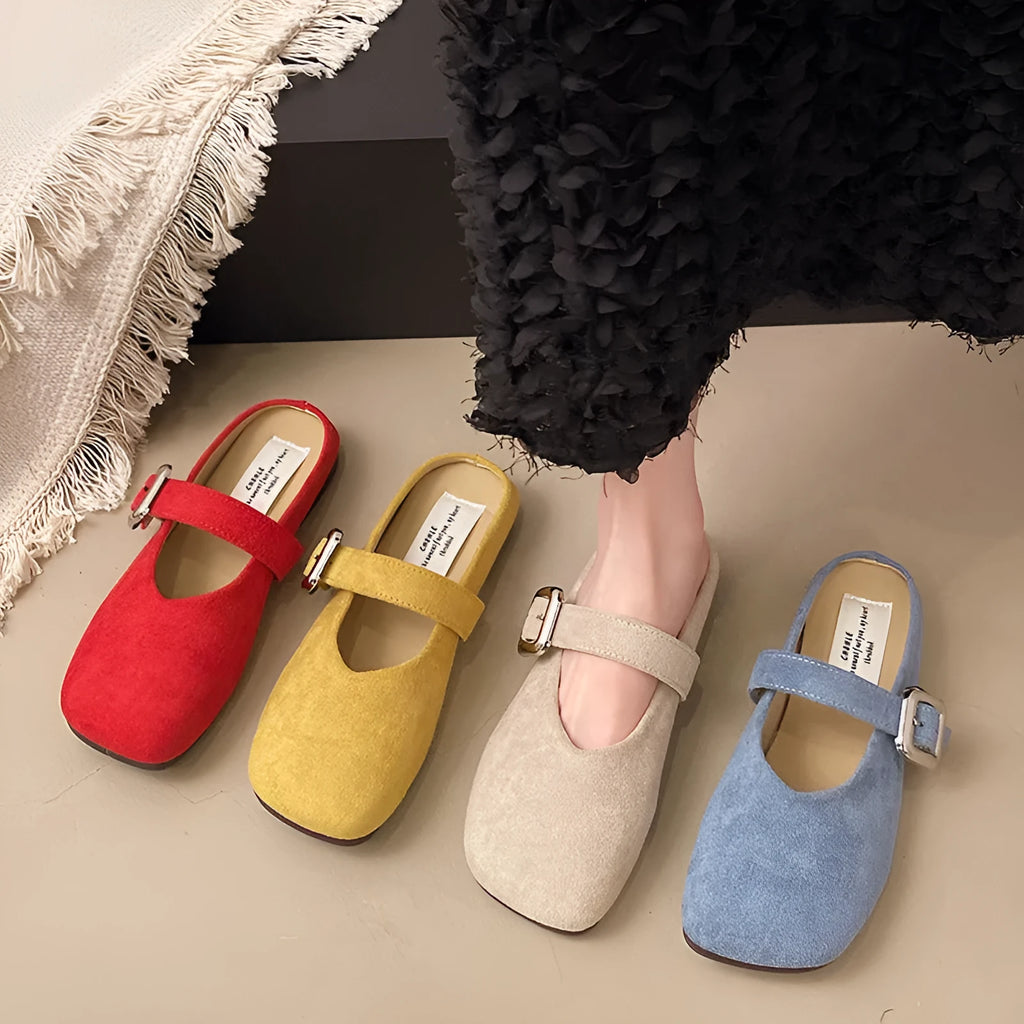 Women's flat closed toe half slipper in apricot colour with square toe and rubber sole.