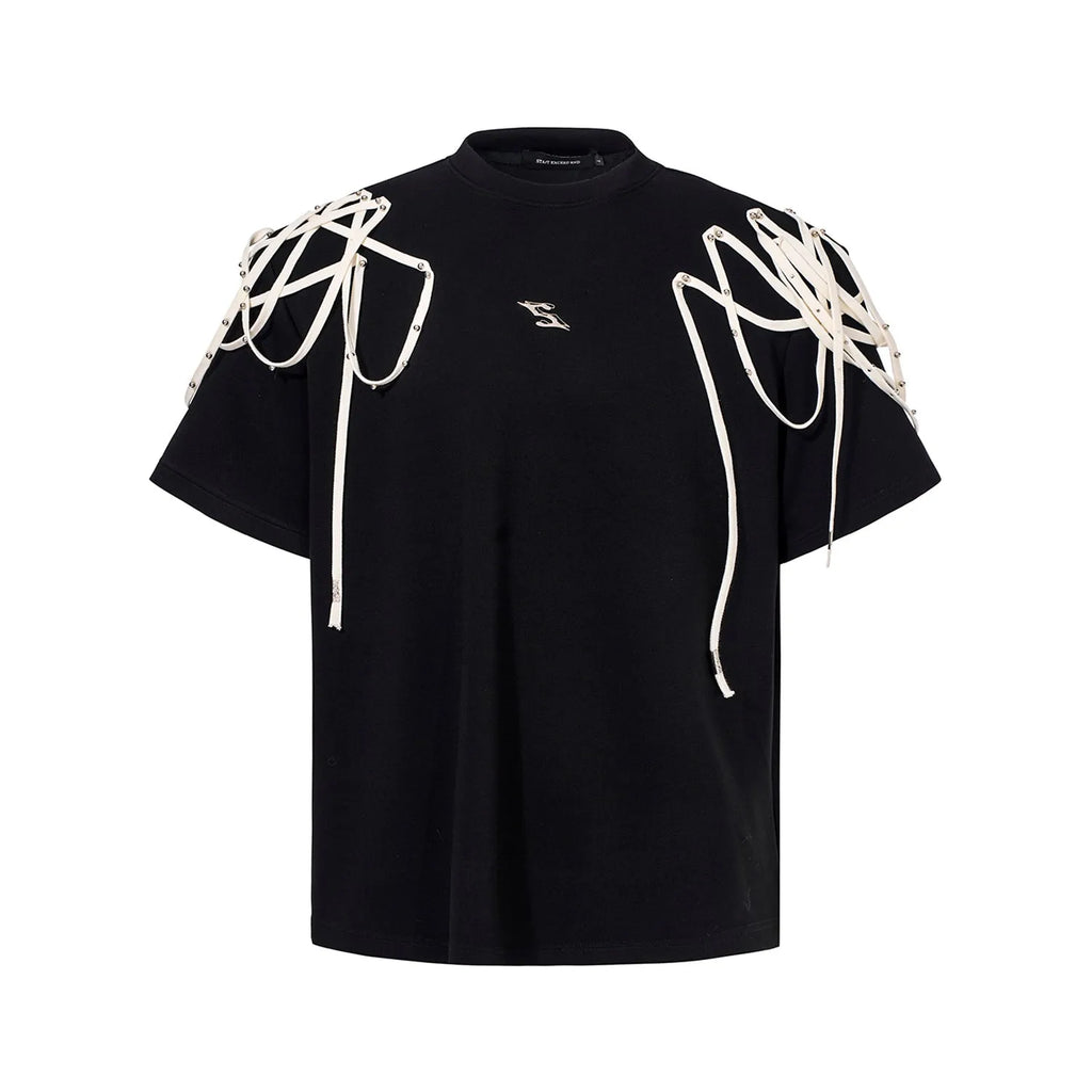Black loose fit short sleeve T-shirt with rivet ribbon padded shoulder detail