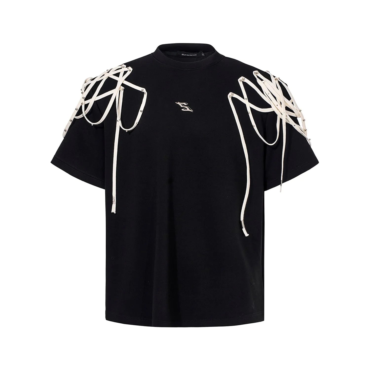 Black loose fit short sleeve T-shirt with rivet ribbon padded shoulder detail