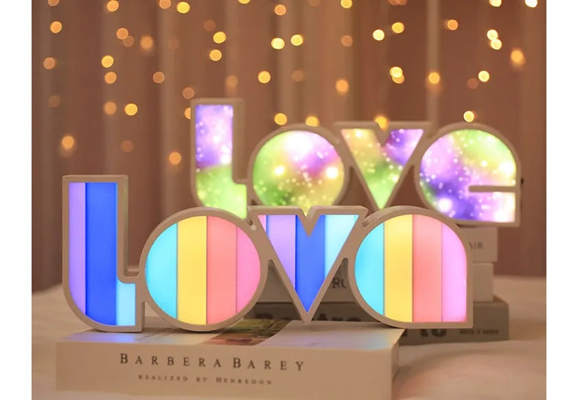 LED LOVE decorative light with rainbow-style lampshade measuring 35.5x13.5 cm