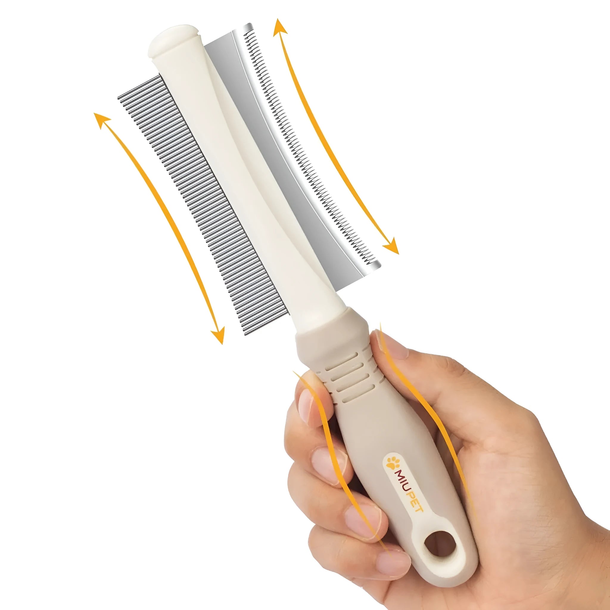 White double sided pet brush with grooming comb and deshedding brush head on an ergonomic handle.