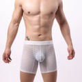 Men's lace mesh boxer shorts in multiple colours showing geometric pattern and low-waist design.