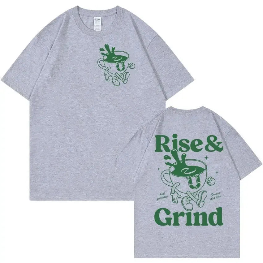 Loose fit linen T-shirt with Rise And Grind green coffee bag cartoon print, shown in multiple colours.